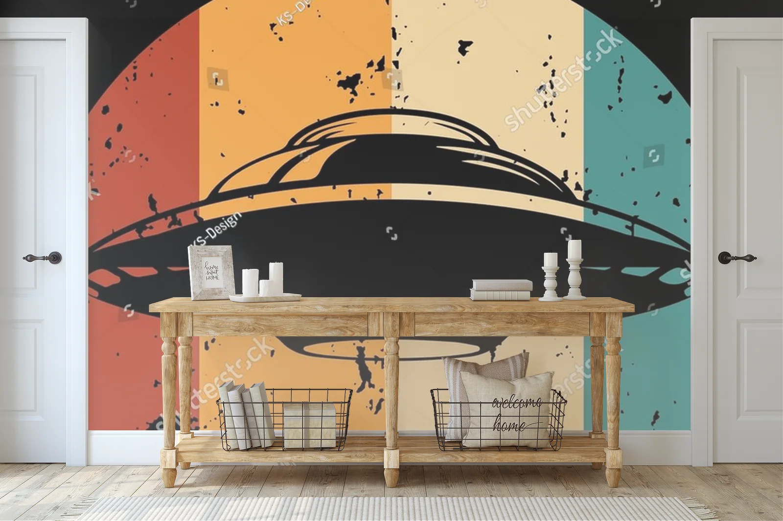 Zabawny retro motyw UFO i kosmitów w nasyconych kolorach