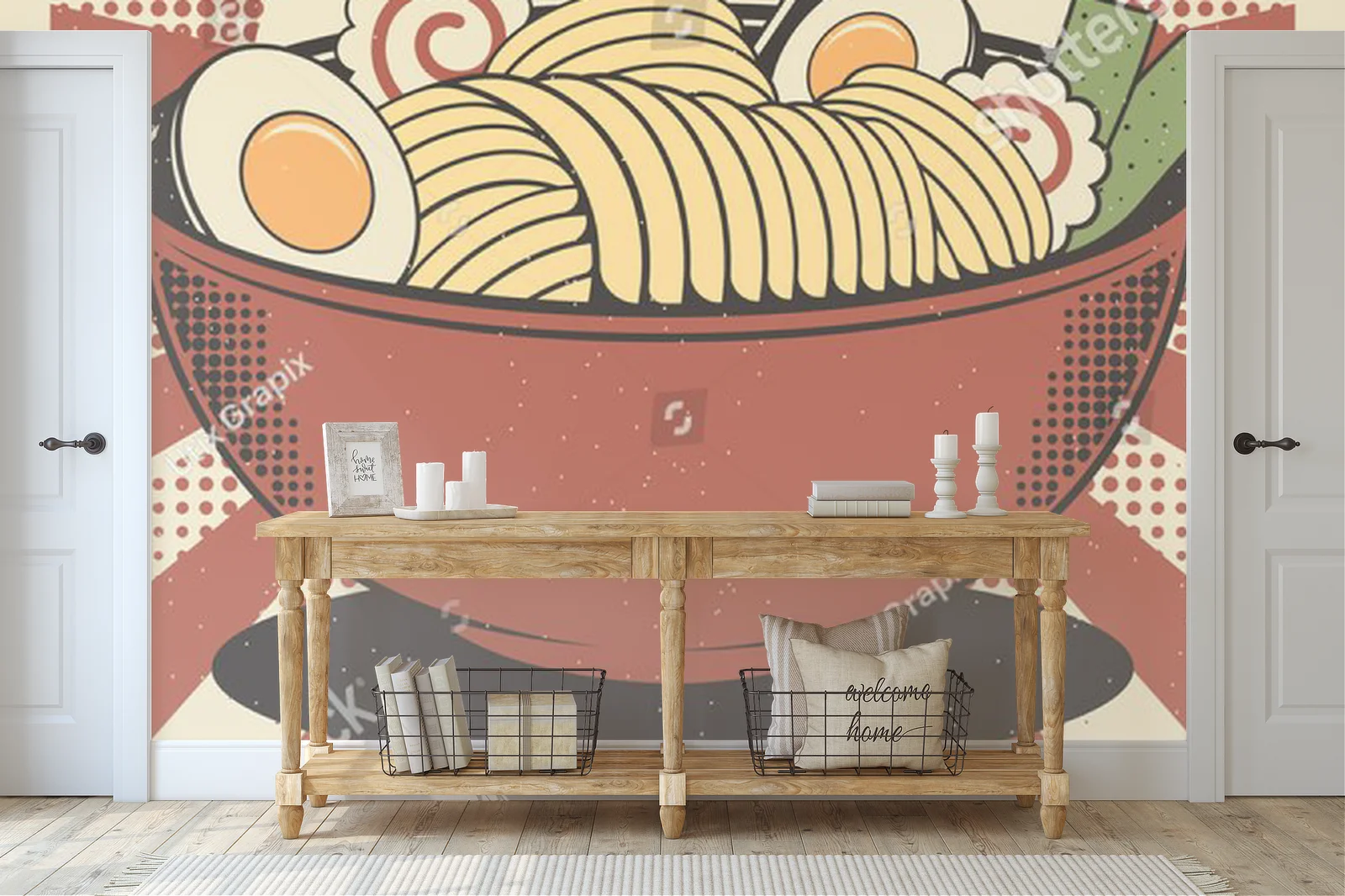 Retro japońska kompozycja ramen w ciepłych odcieniach