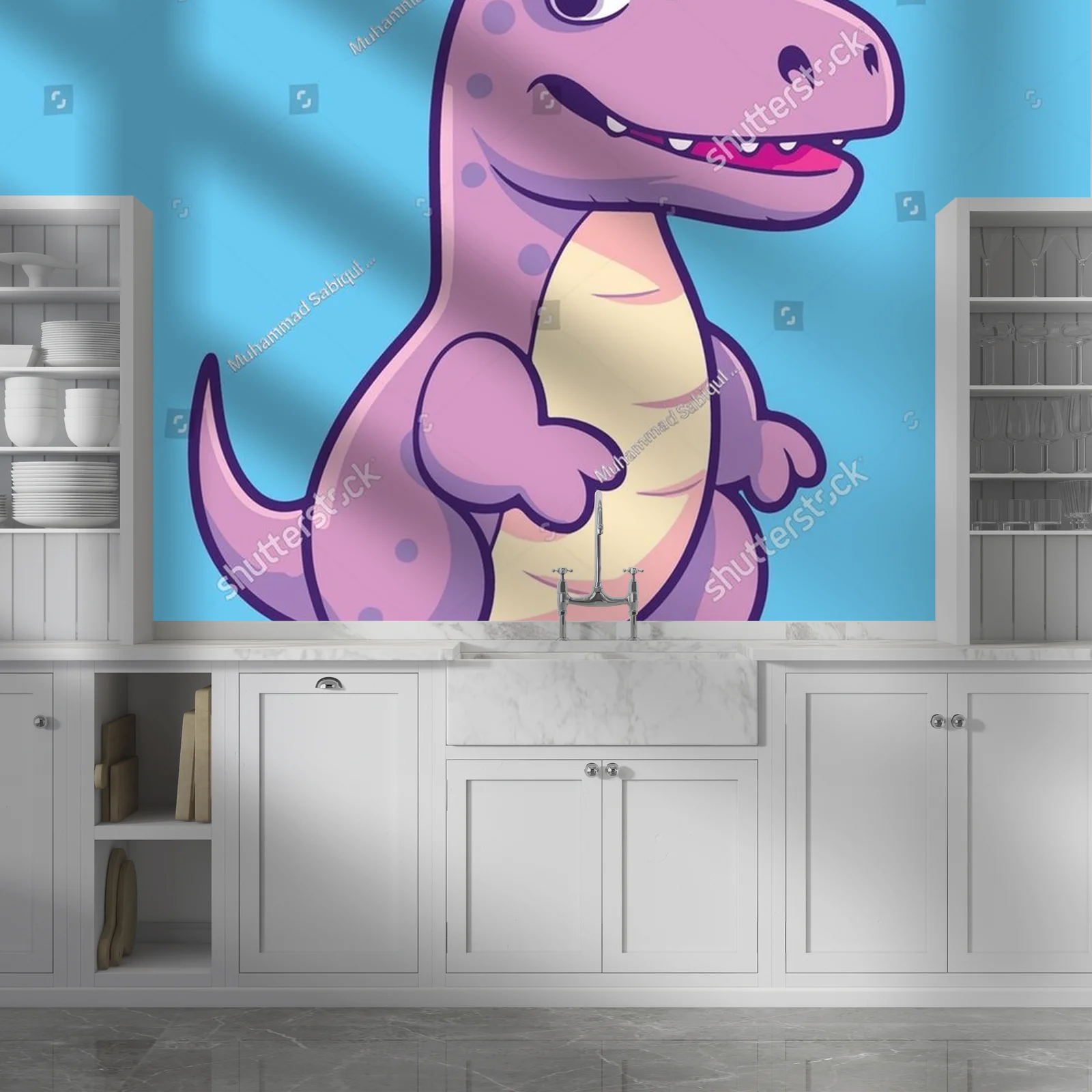 Radosny niebieski dinozaur w kolorowym otoczeniu
