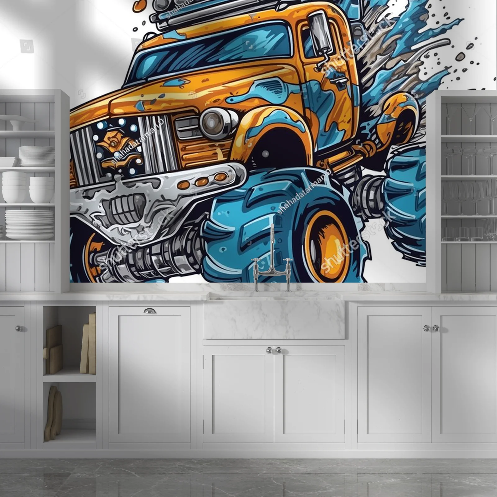 Sylwetka potężnych monster trucków w ogniu emocji