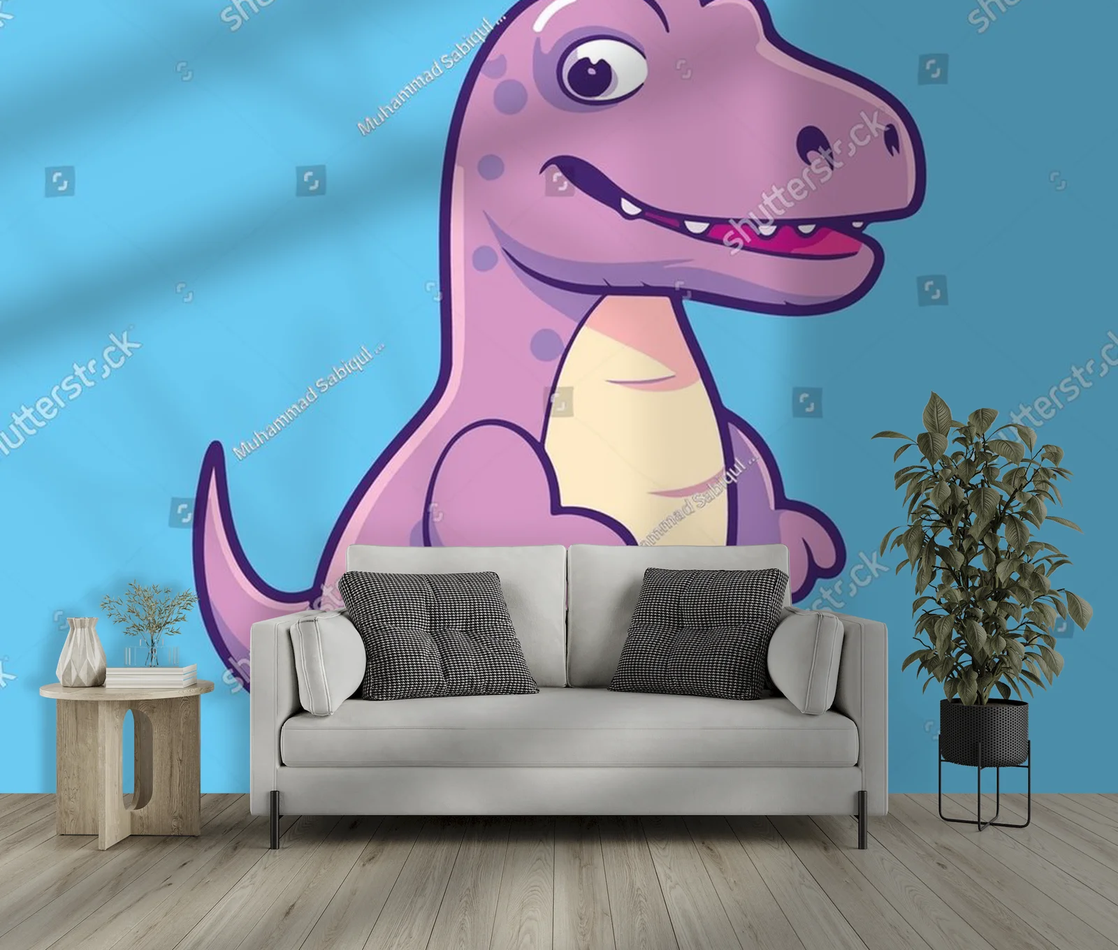 Radosny niebieski dinozaur w kolorowym otoczeniu