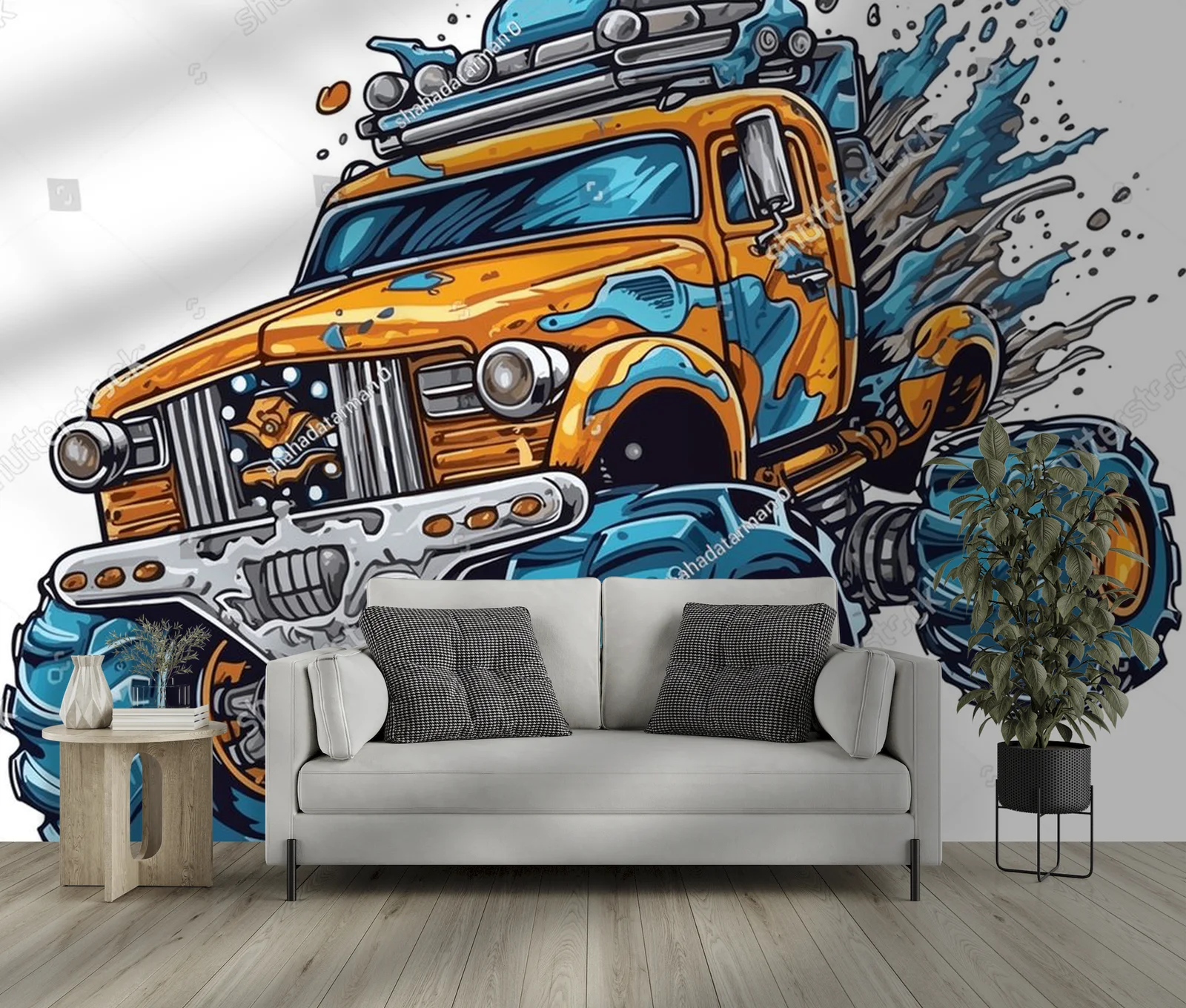 Sylwetka potężnych monster trucków w ogniu emocji