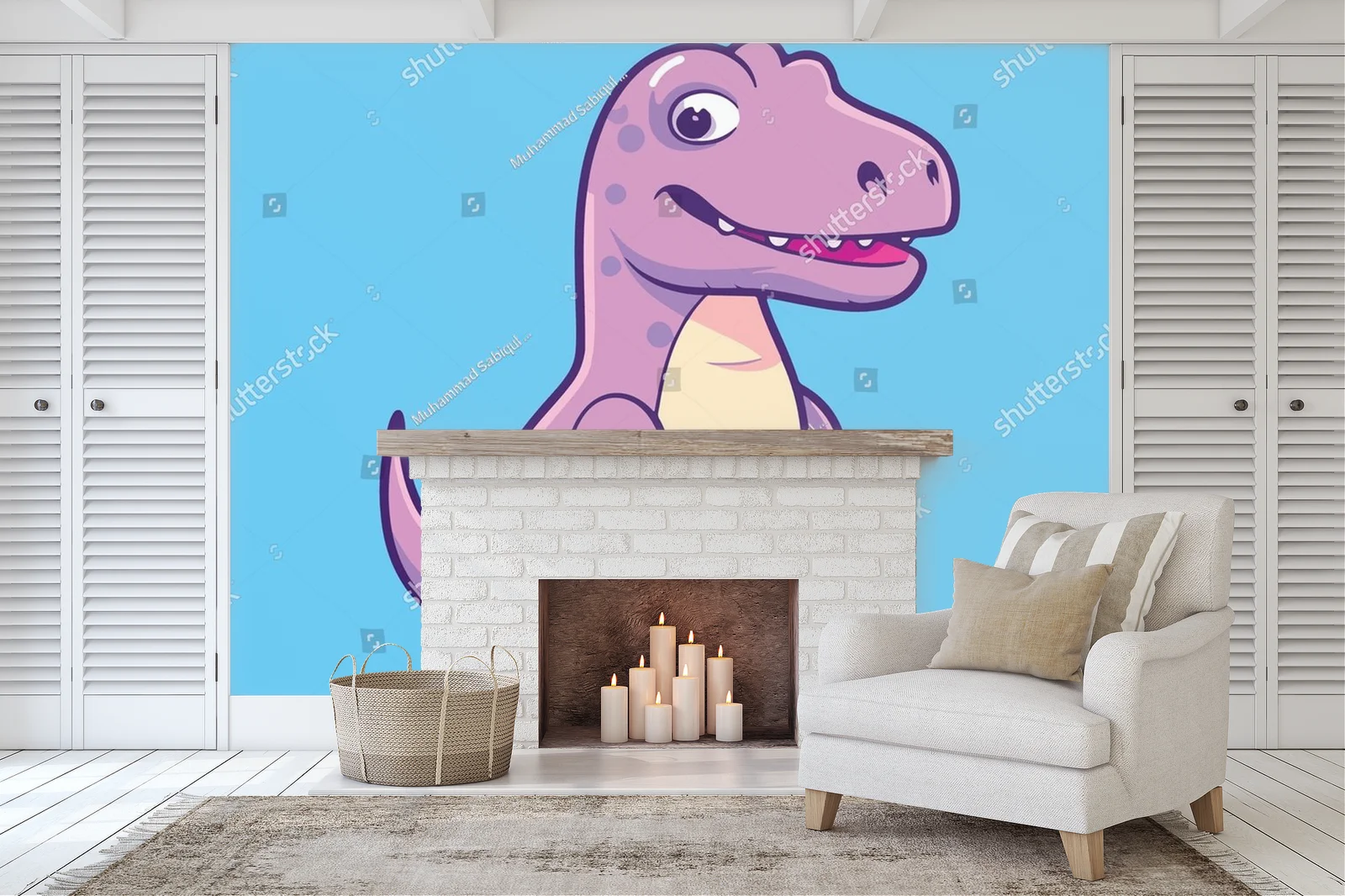 Radosny niebieski dinozaur w kolorowym otoczeniu