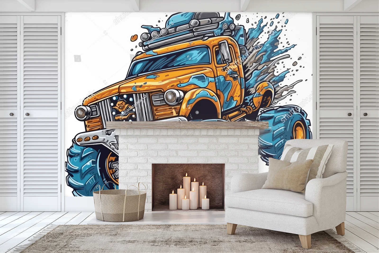 Sylwetka potężnych monster trucków w ogniu emocji