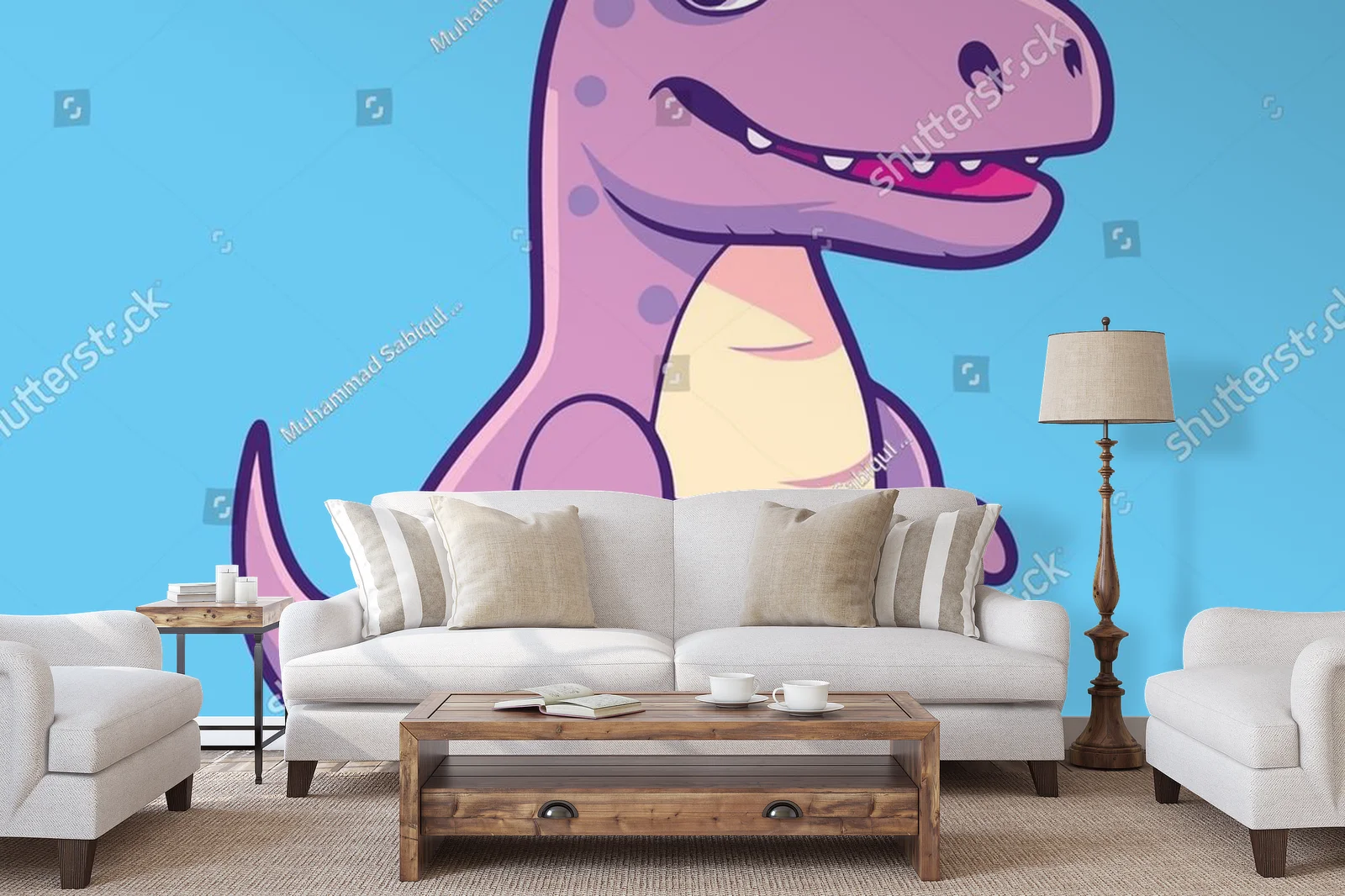 Radosny niebieski dinozaur w kolorowym otoczeniu