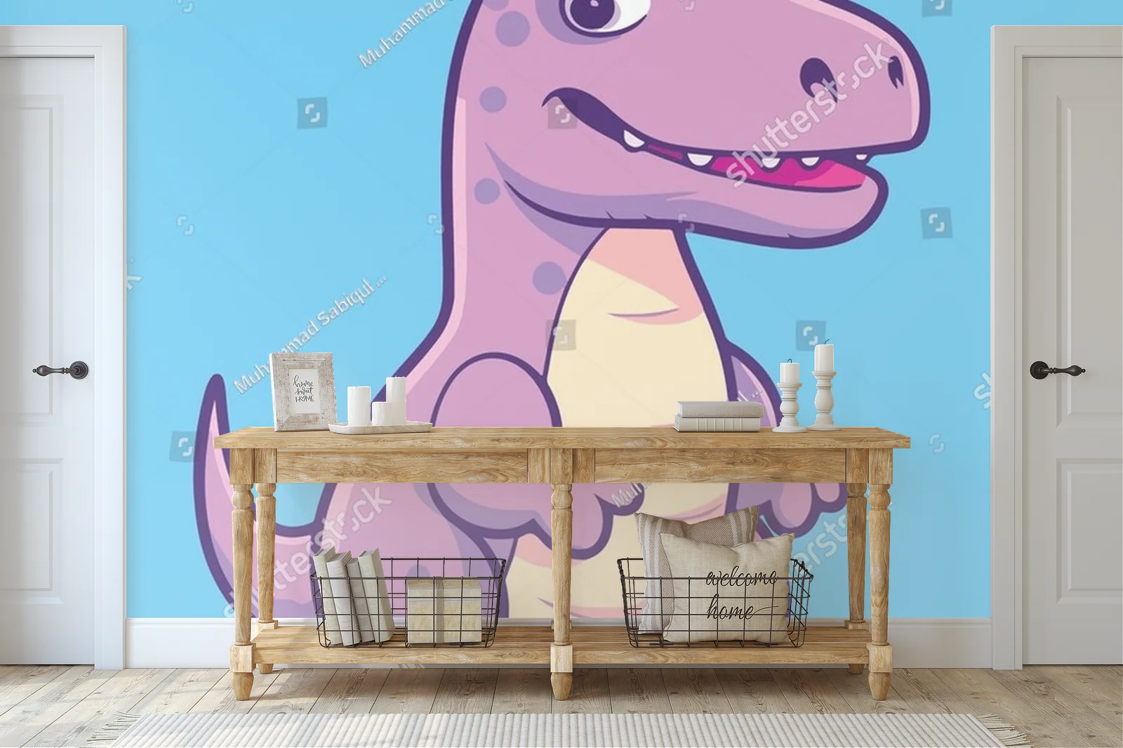 Radosny niebieski dinozaur w kolorowym otoczeniu