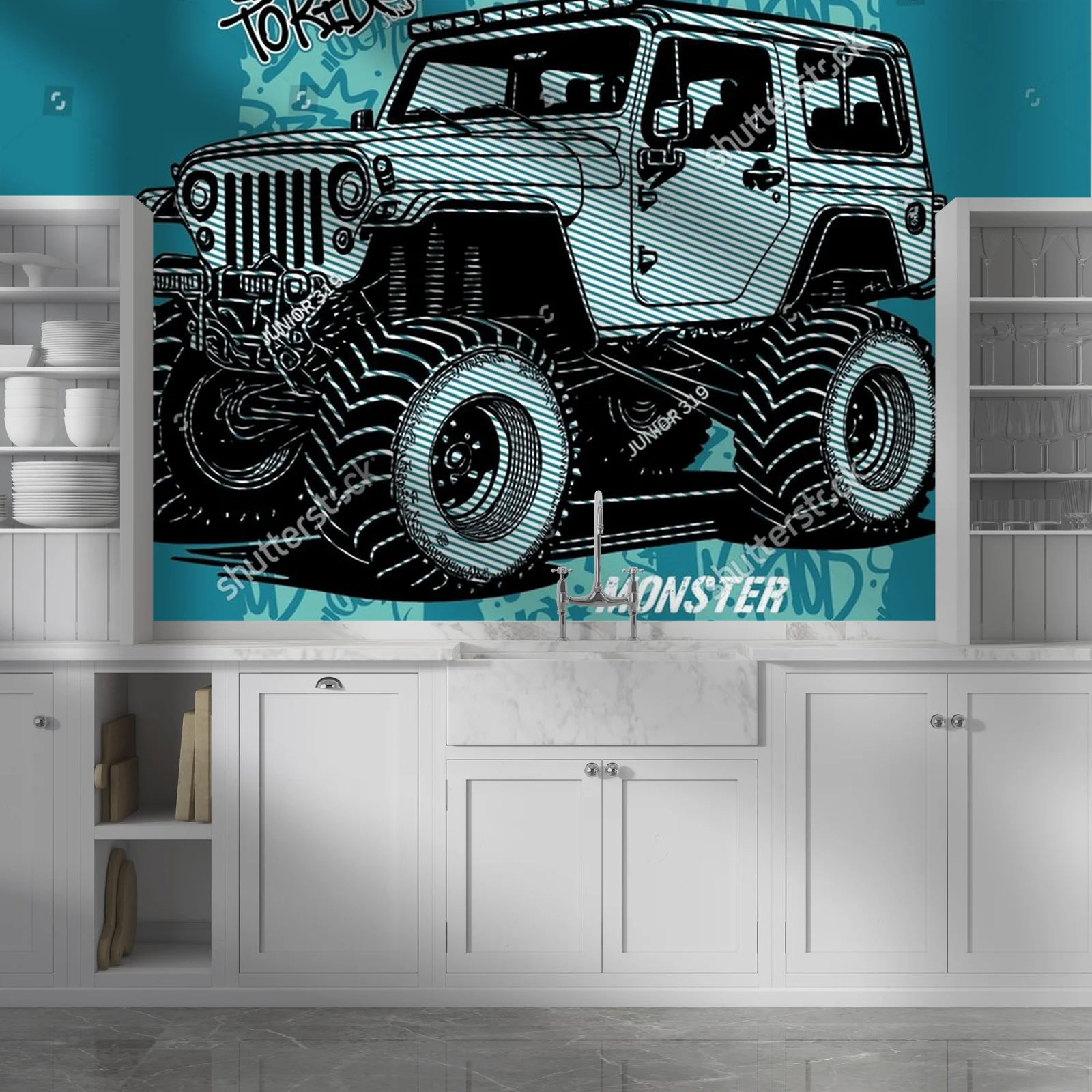 Potężny jeep w krajobrazie przygód