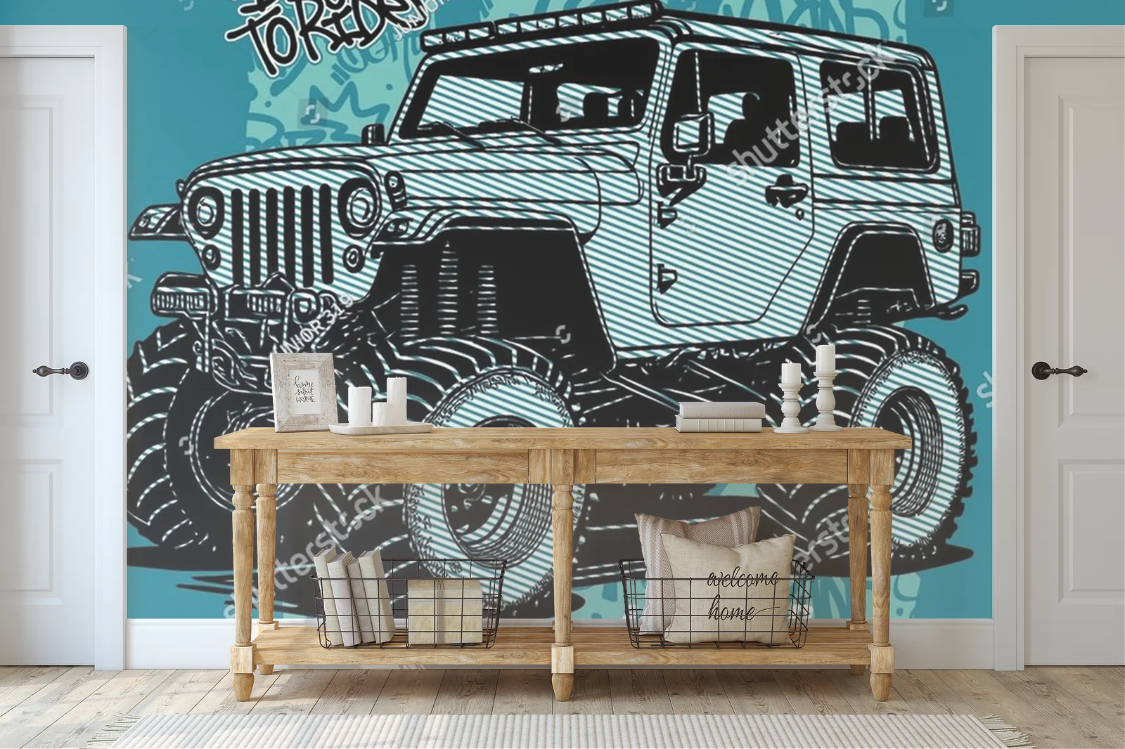Potężny jeep w krajobrazie przygód