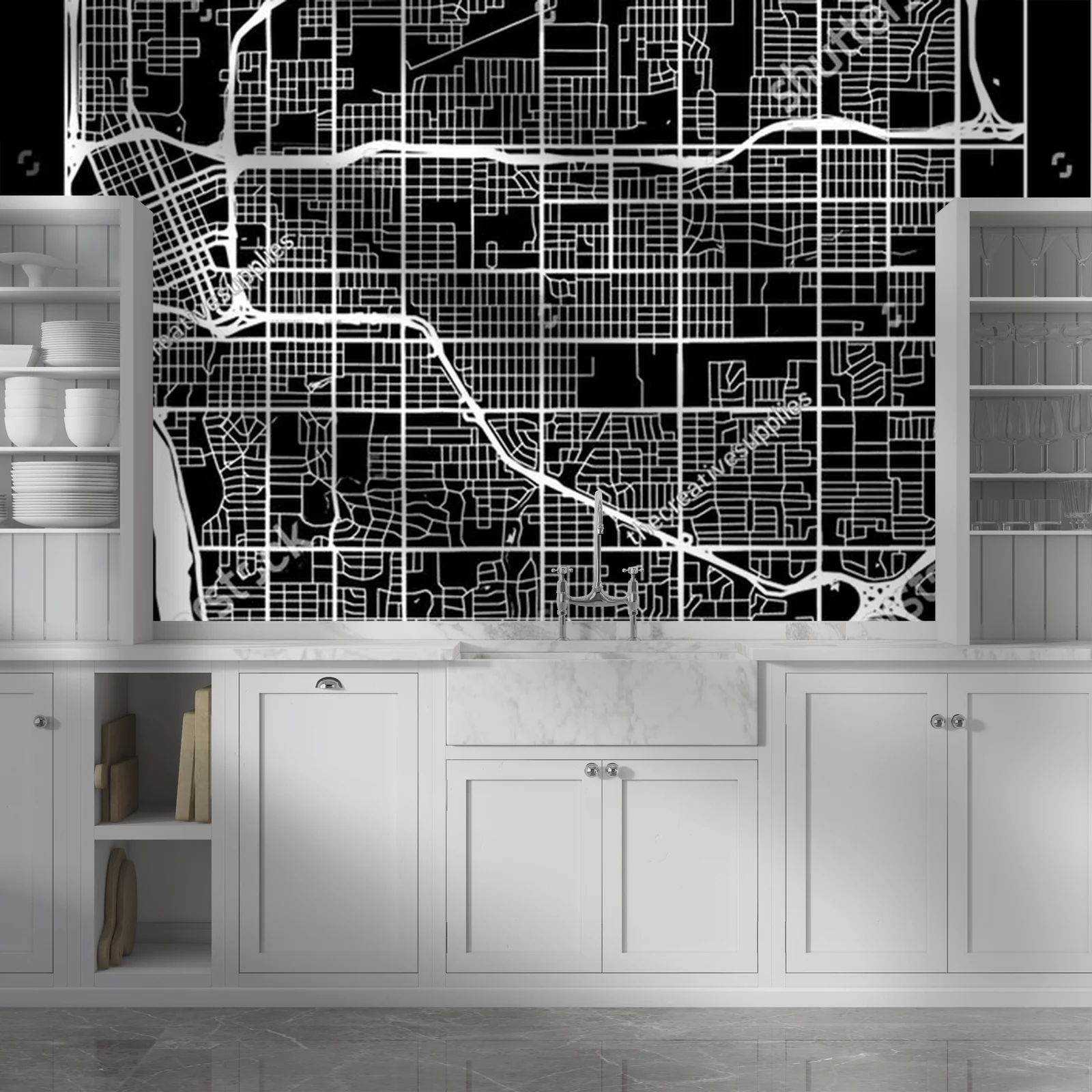 Minimalistyczna mapa miasta Tulsa w monochromatycznych odcieniach