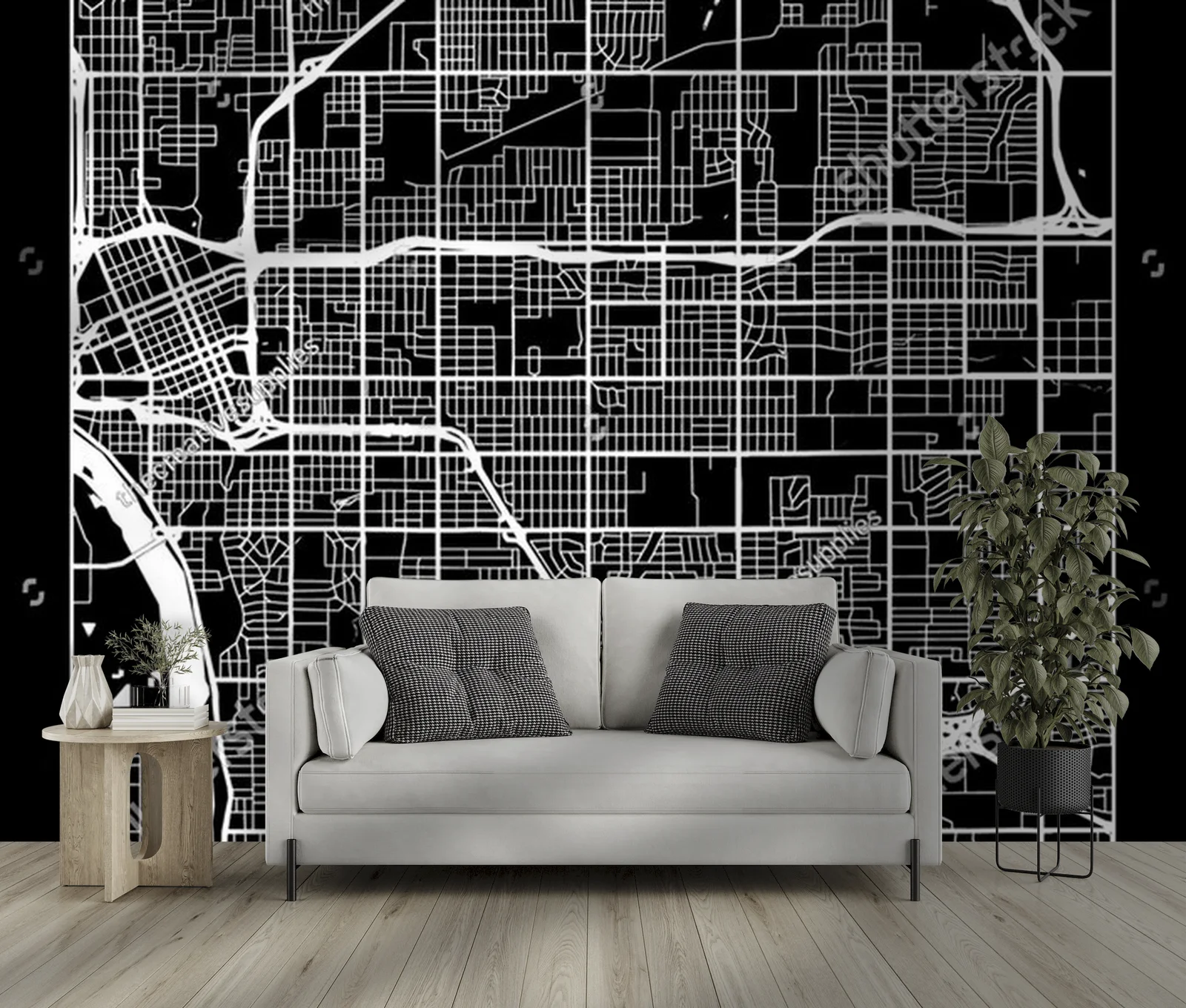 Minimalistyczna mapa miasta Tulsa w monochromatycznych odcieniach