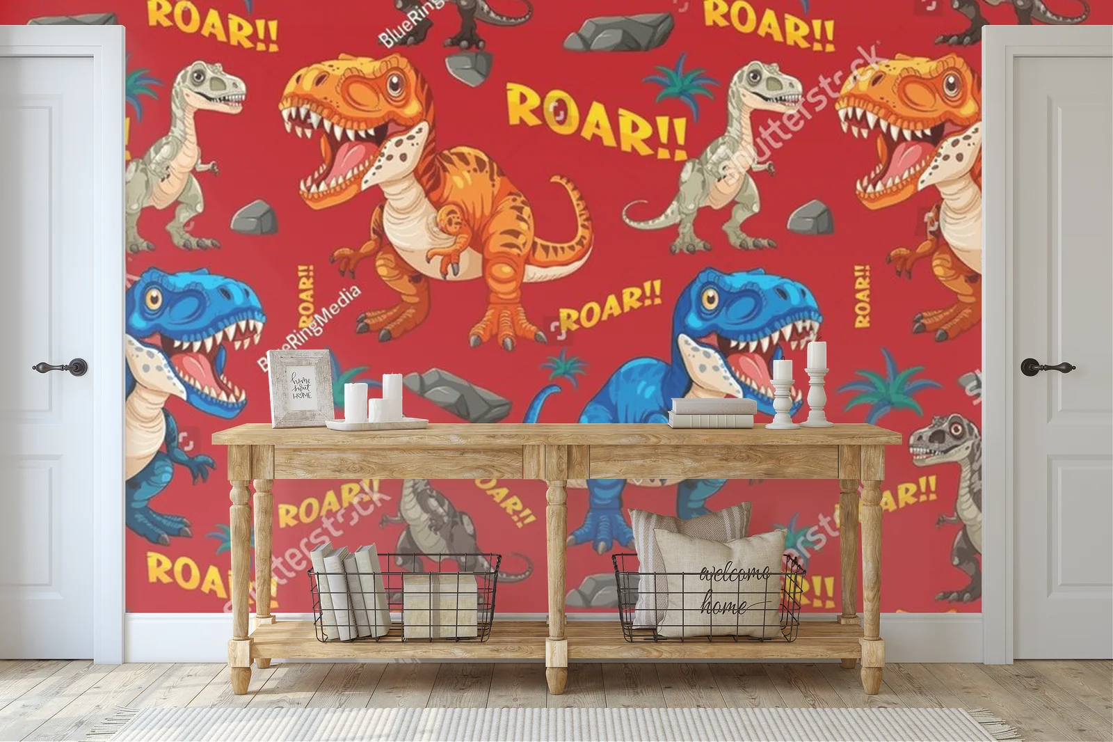 Wibrujące dinozaury na skarletowym tle