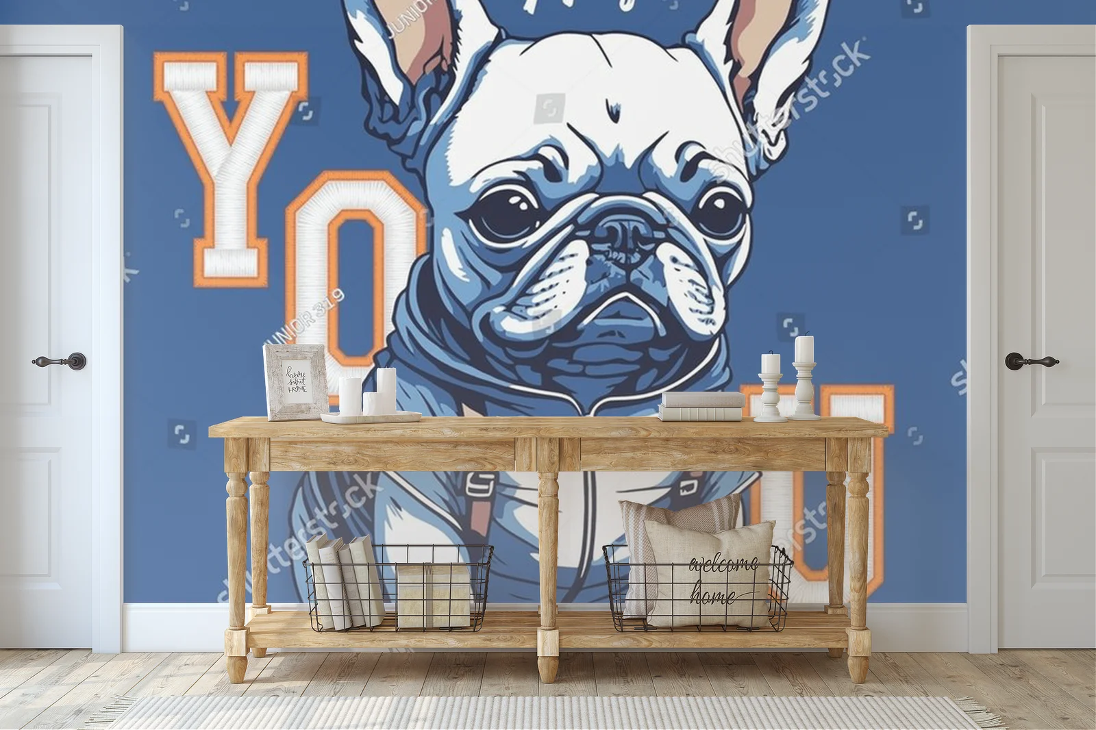 Radosny buldog w hipsterskim stylu i kolorowej aurze