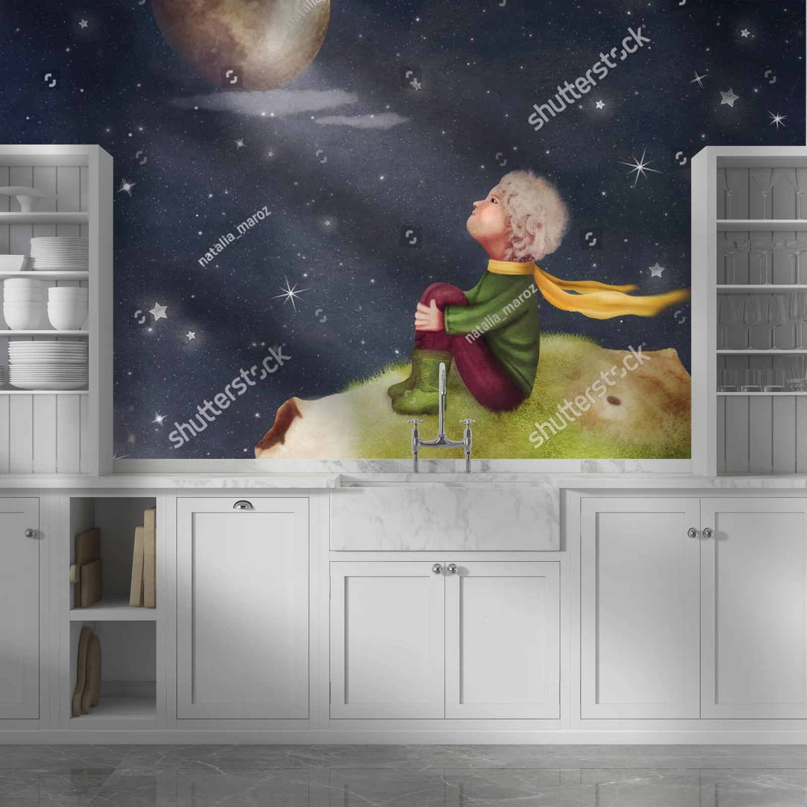 Mały Książę w nocnym niebie z różą