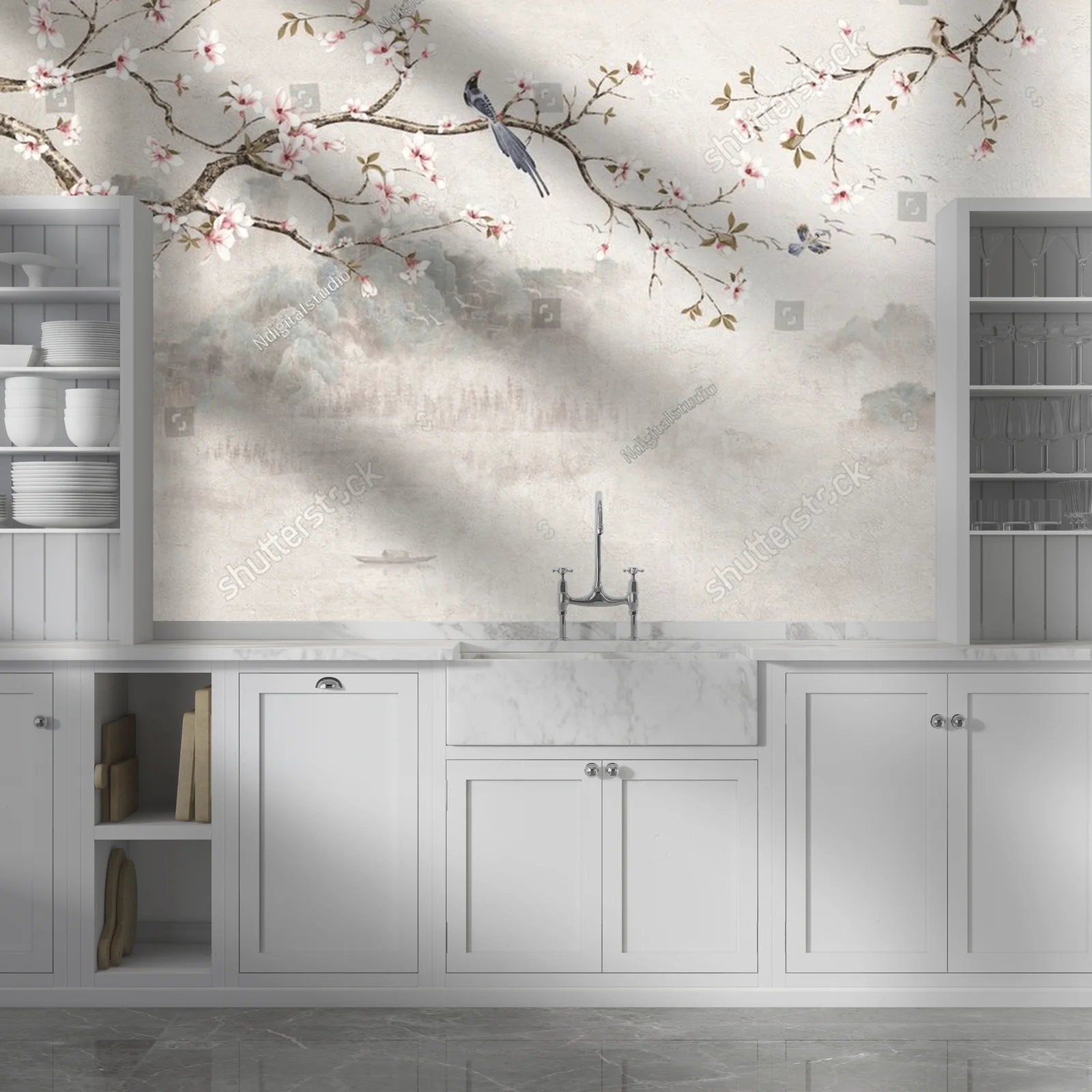 Chinoiserie z kwitnącymi wiśniami i ptakami