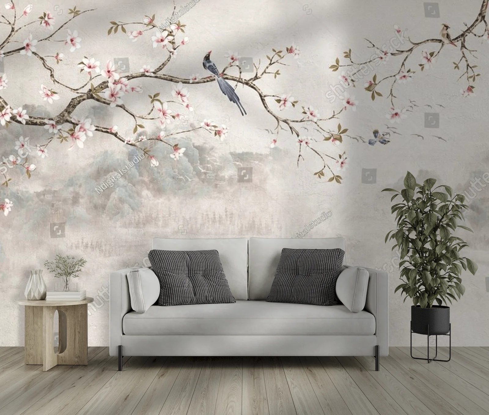 Chinoiserie z kwitnącymi wiśniami i ptakami