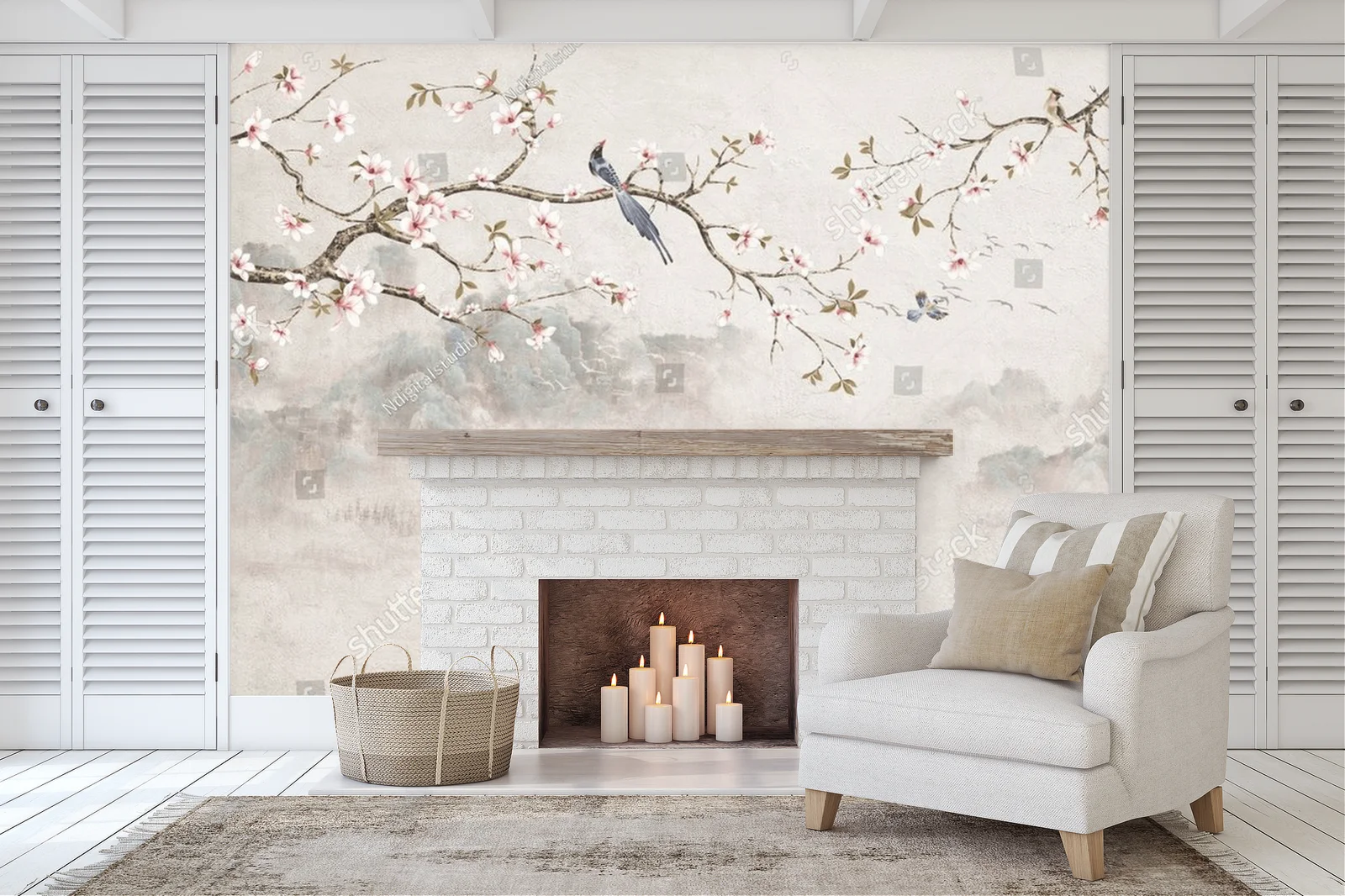 Chinoiserie z kwitnącymi wiśniami i ptakami