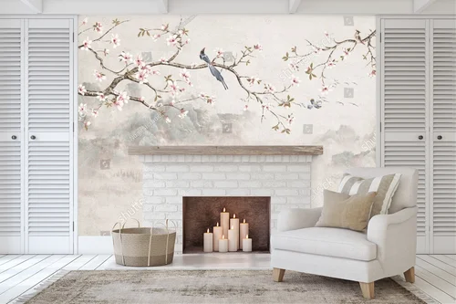 Chinoiserie z kwitnącymi wiśniami i ptakami