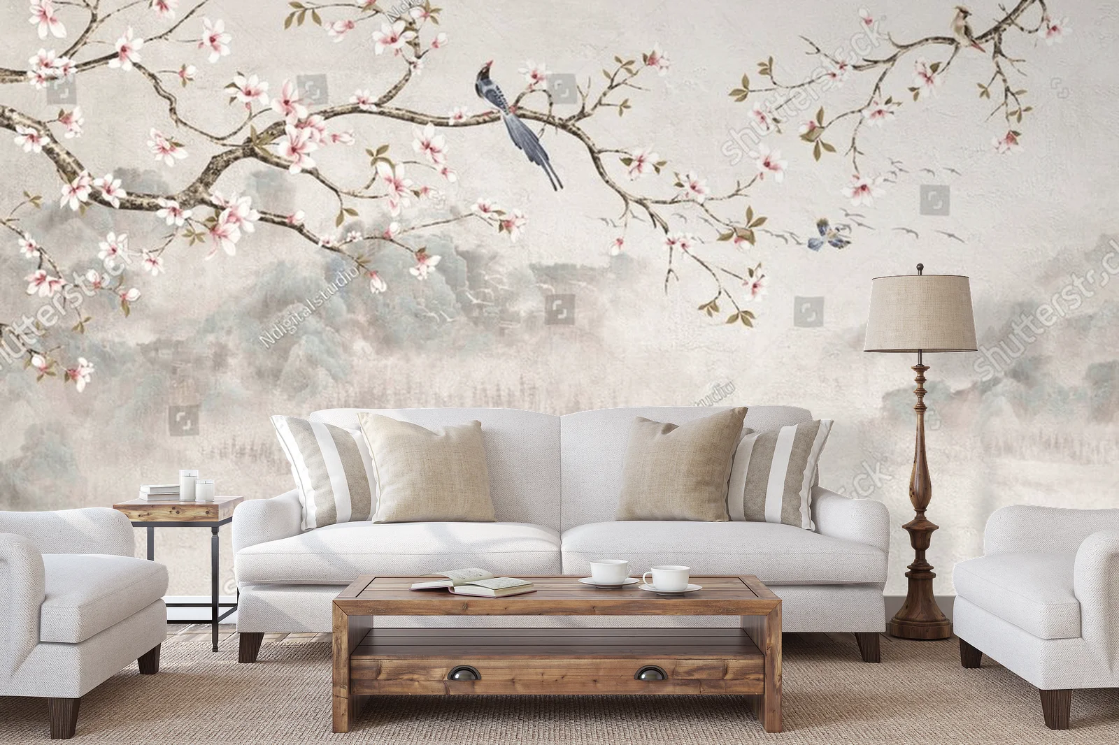 Chinoiserie z kwitnącymi wiśniami i ptakami