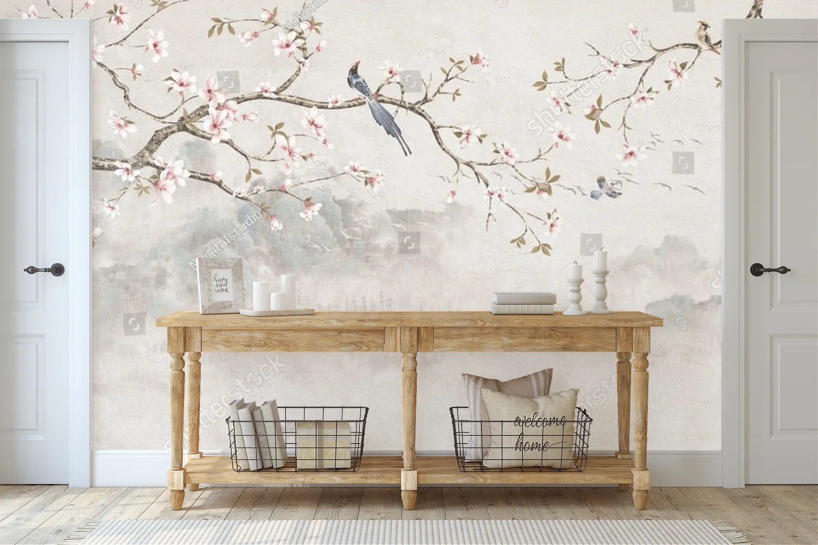 Chinoiserie z kwitnącymi wiśniami i ptakami