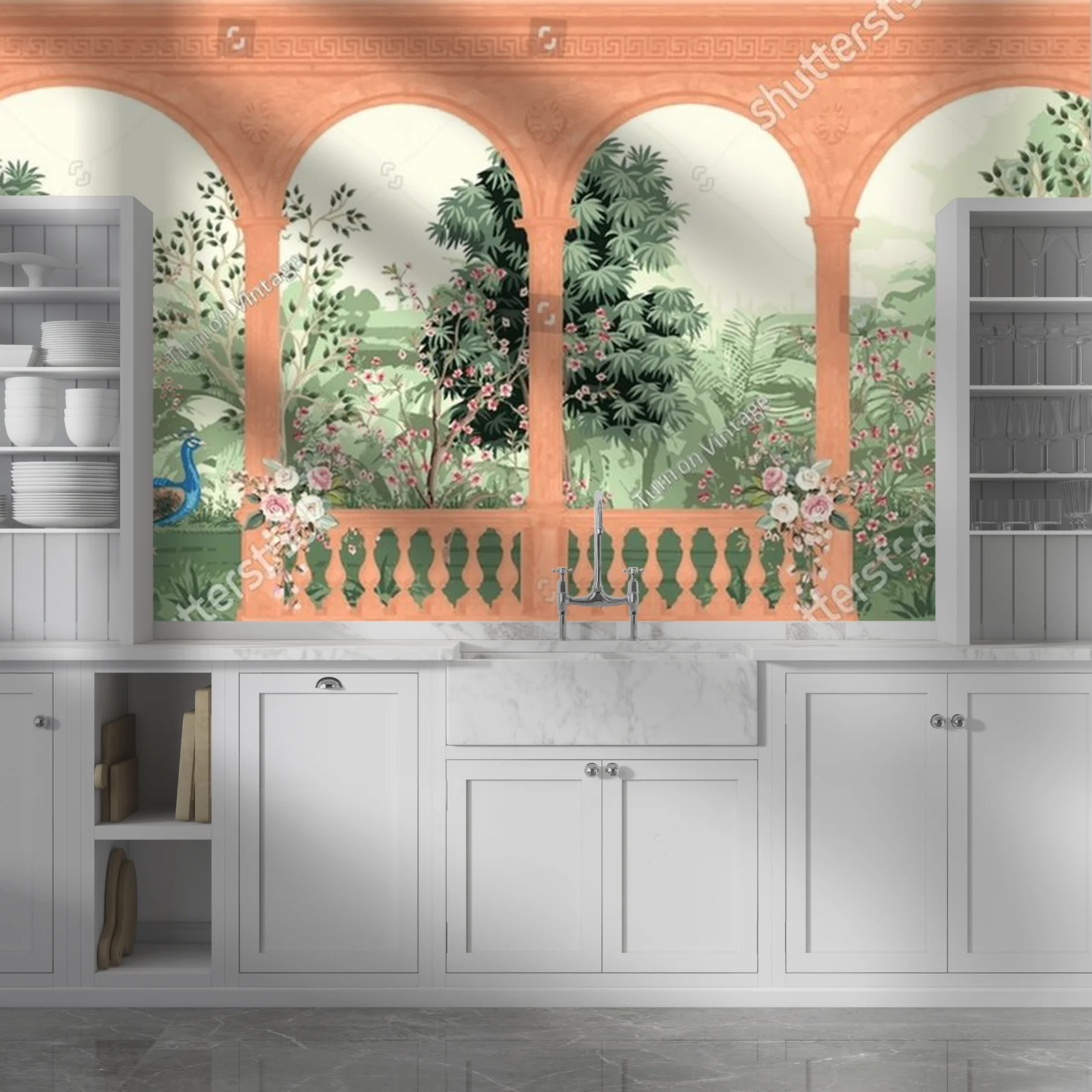 Antyczny mural z architekturą ogrodów