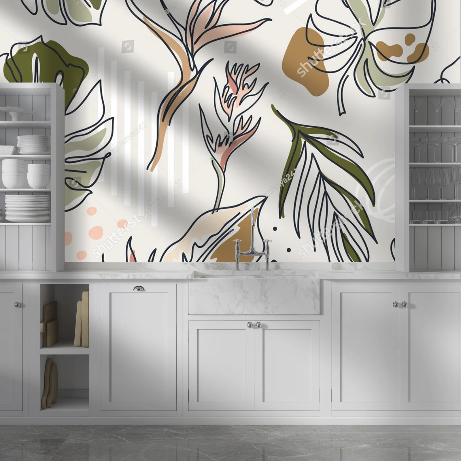 Boho kompozycja z liśćmi monstera w pastelowych tonach