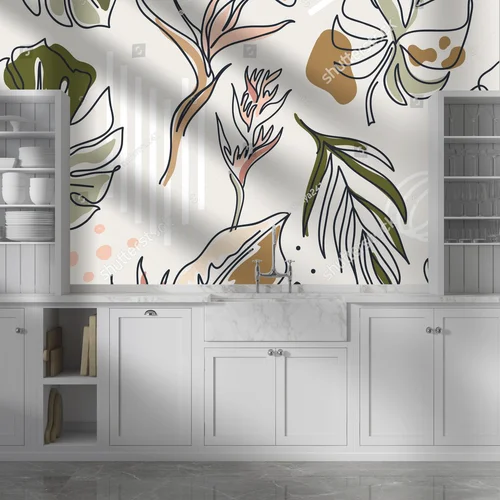 Boho kompozycja z liśćmi monstera w pastelowych tonach