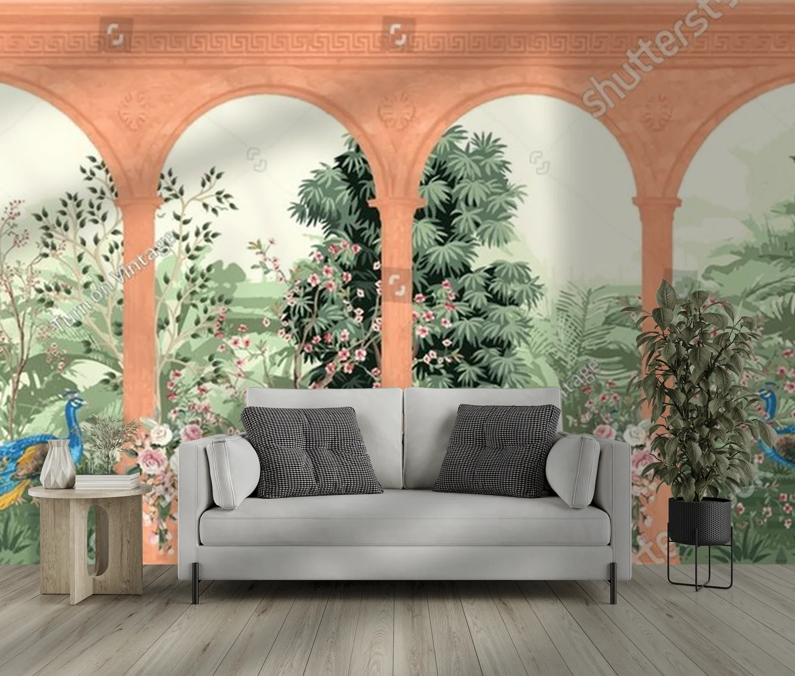 Antyczny mural z architekturą ogrodów