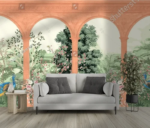 Antyczny mural z architekturą ogrodów