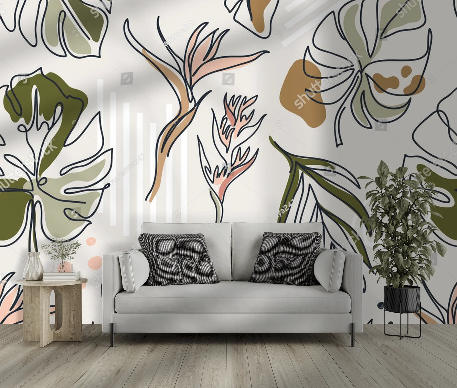 Boho kompozycja z liśćmi monstera w pastelowych tonach