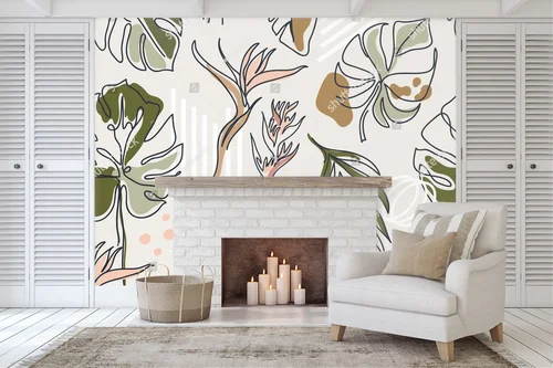 Boho kompozycja z liśćmi monstera w pastelowych tonach