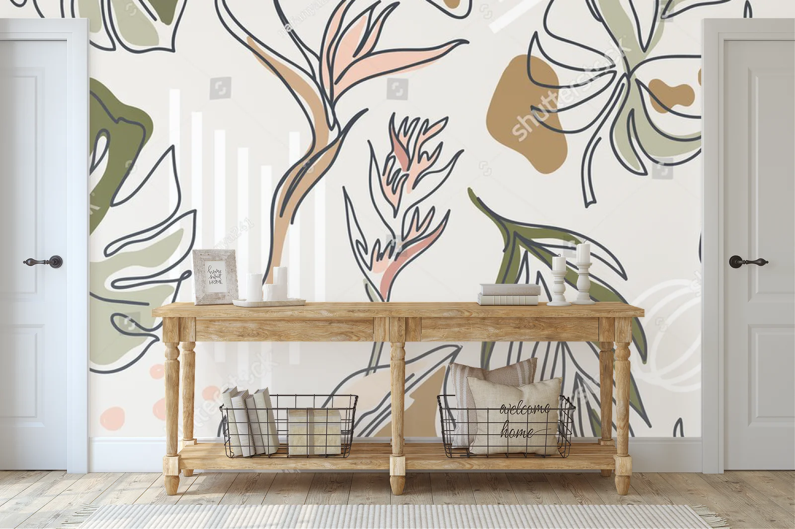 Boho kompozycja z liśćmi monstera w pastelowych tonach