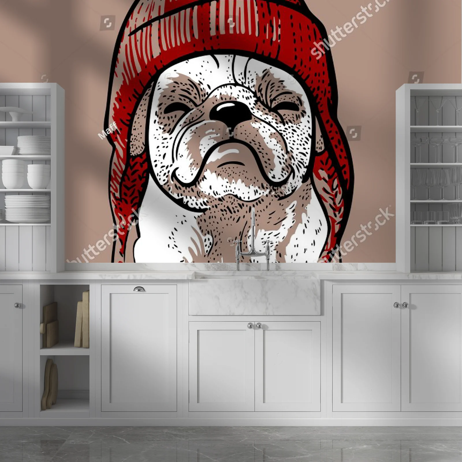 Uroczy pug w hipsterskim swetrze z pomponem