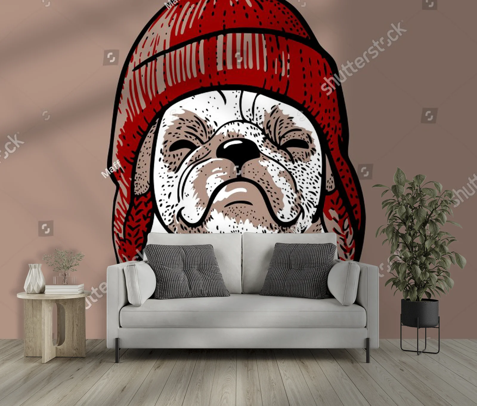 Uroczy pug w hipsterskim swetrze z pomponem