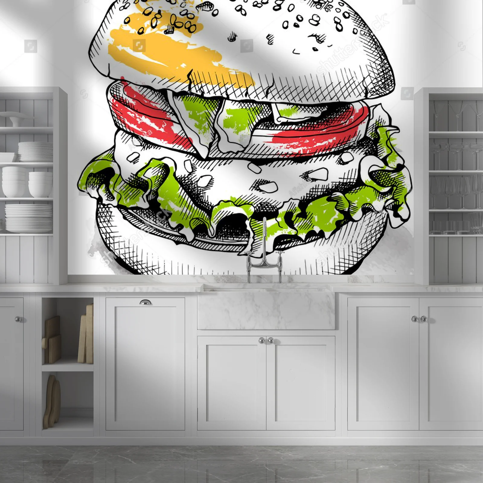 Apetyczny burger w białej, vintage aranżacji