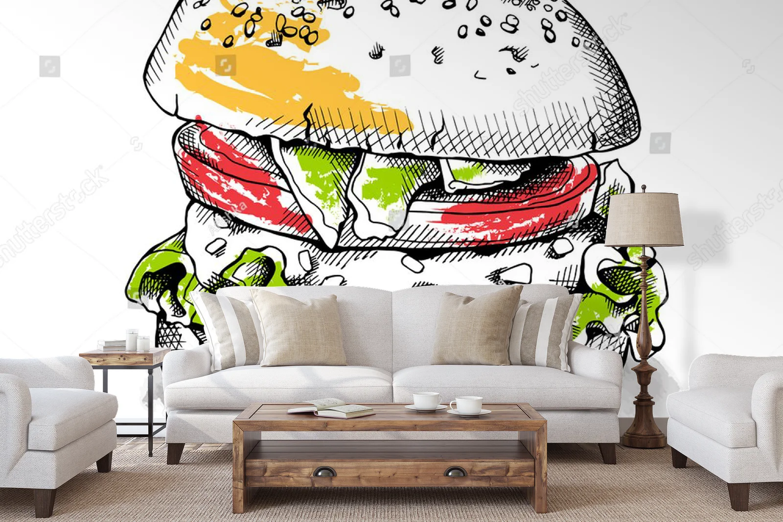 Apetyczny burger w białej, vintage aranżacji