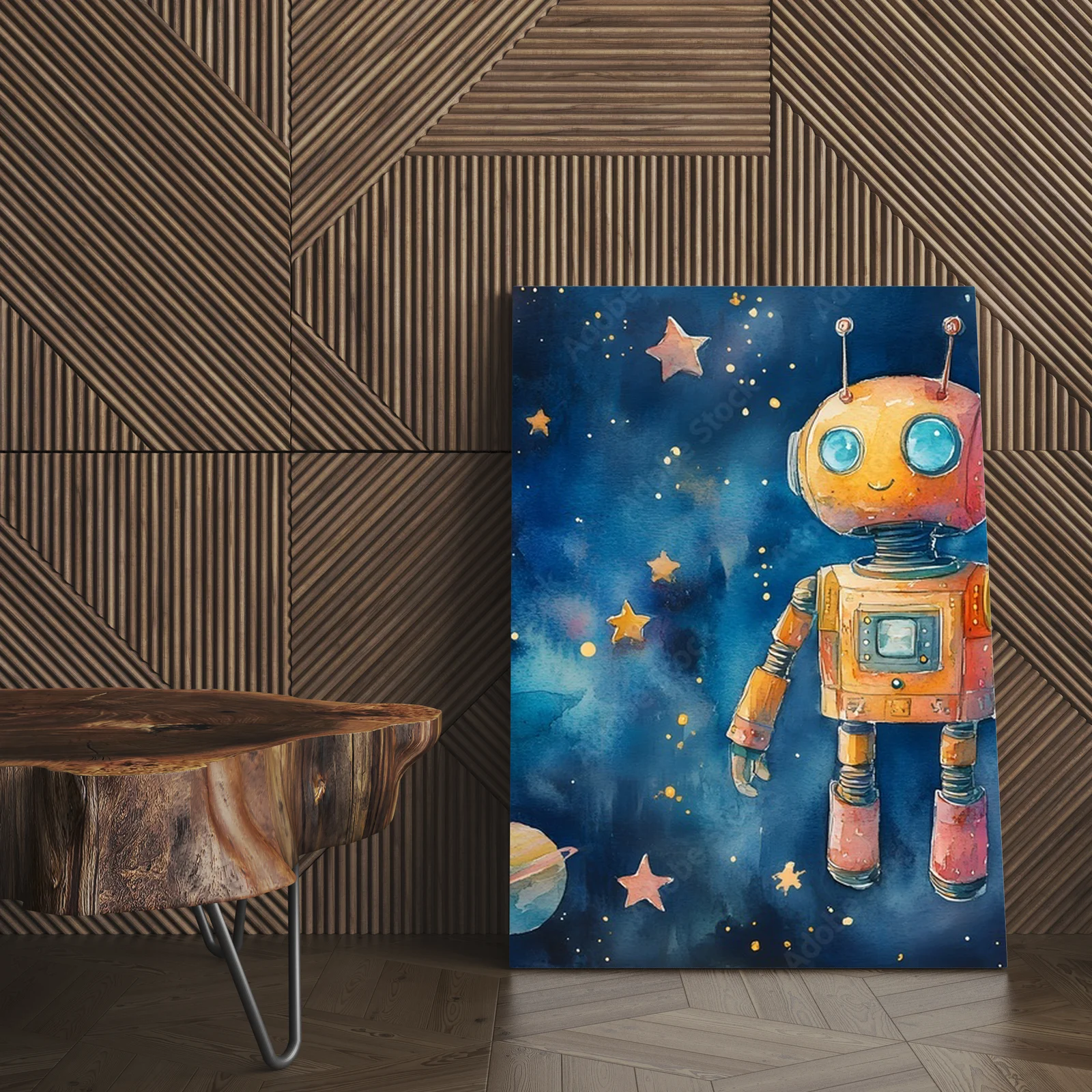 Wesoły robot w pastelowym kosmosie