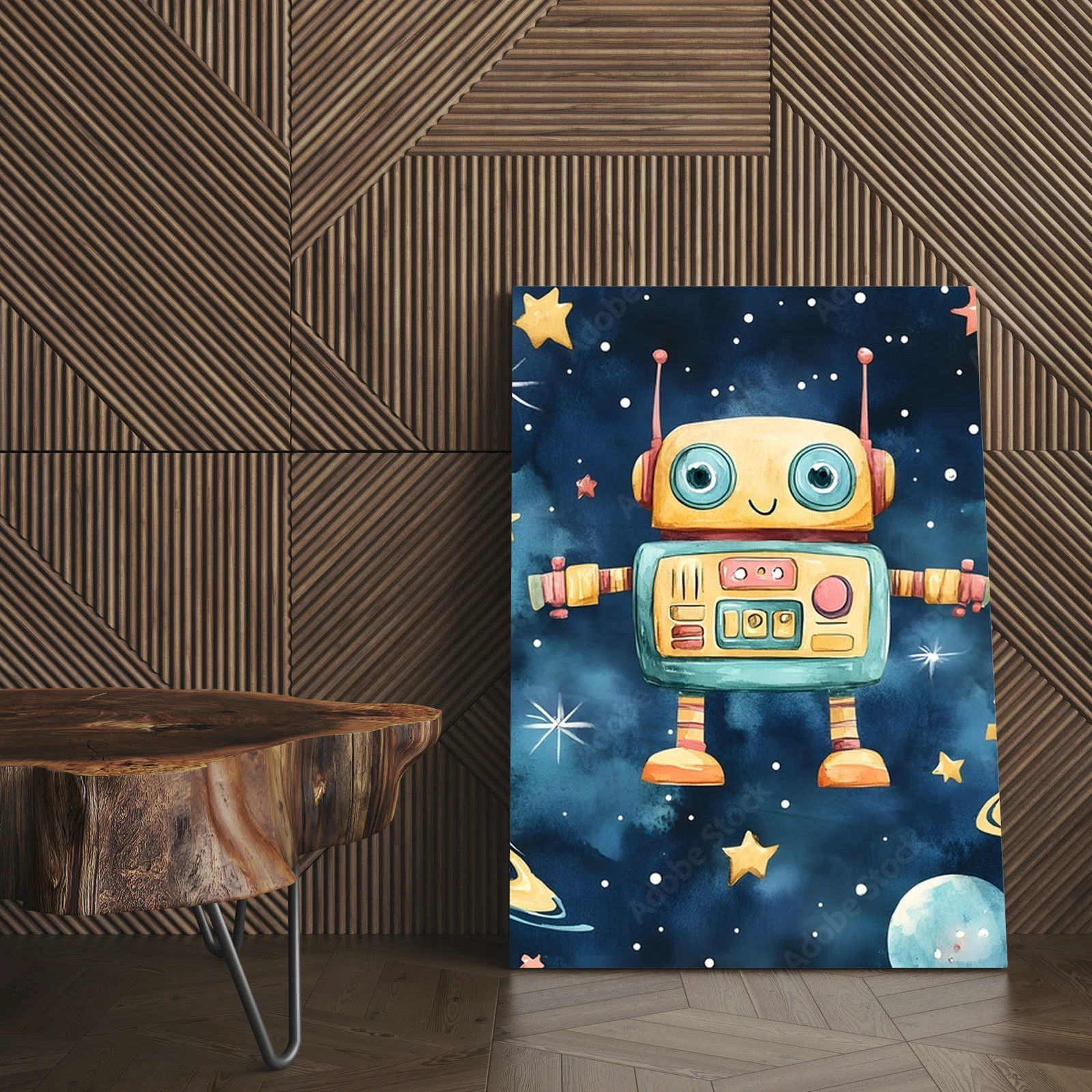 Radosny robot wśród gwiazd w pastelowych barwach