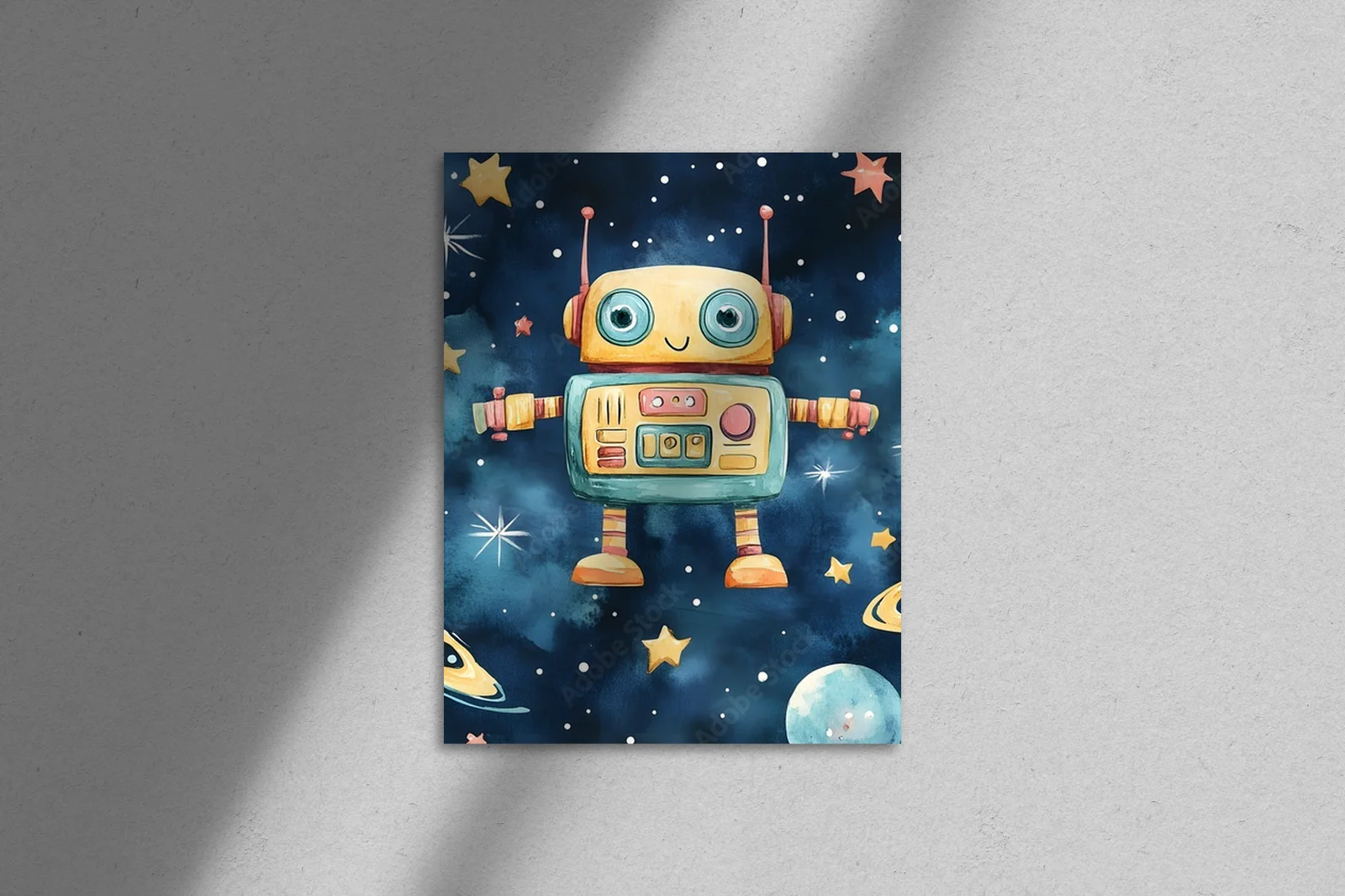 Radosny robot wśród gwiazd w pastelowych barwach