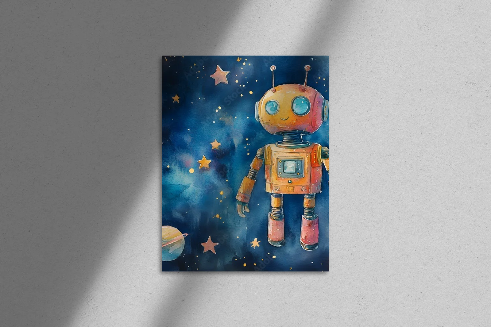 Wesoły robot w pastelowym kosmosie