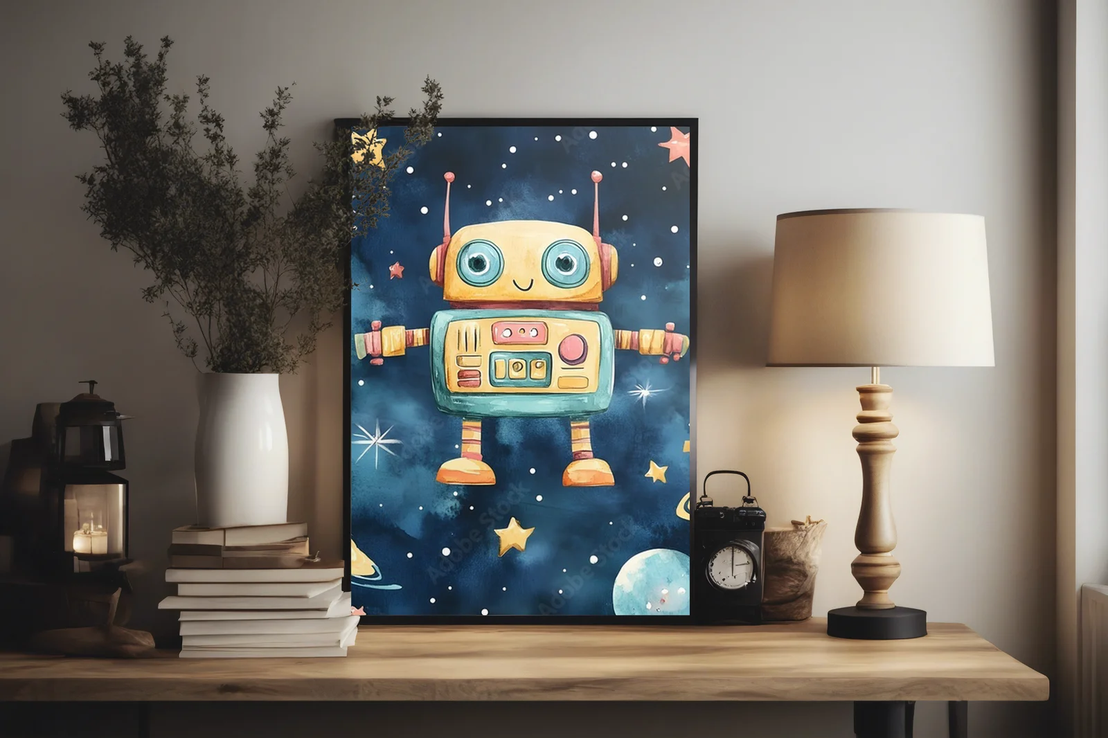 Radosny robot wśród gwiazd w pastelowych barwach