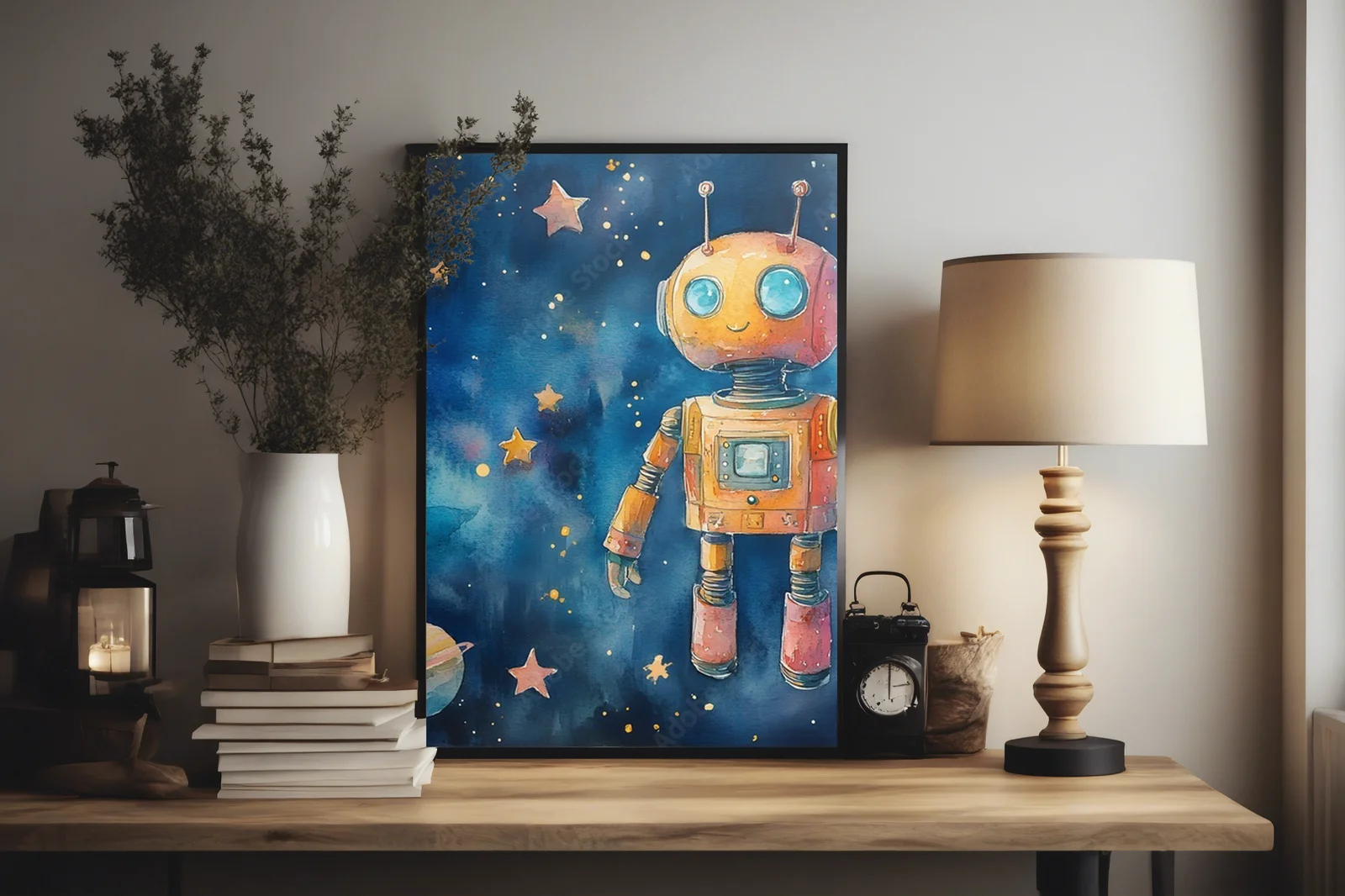 Wesoły robot w pastelowym kosmosie