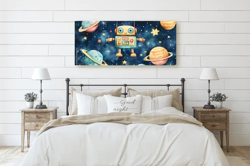 Radosny robot wśród gwiazd w pastelowych barwach