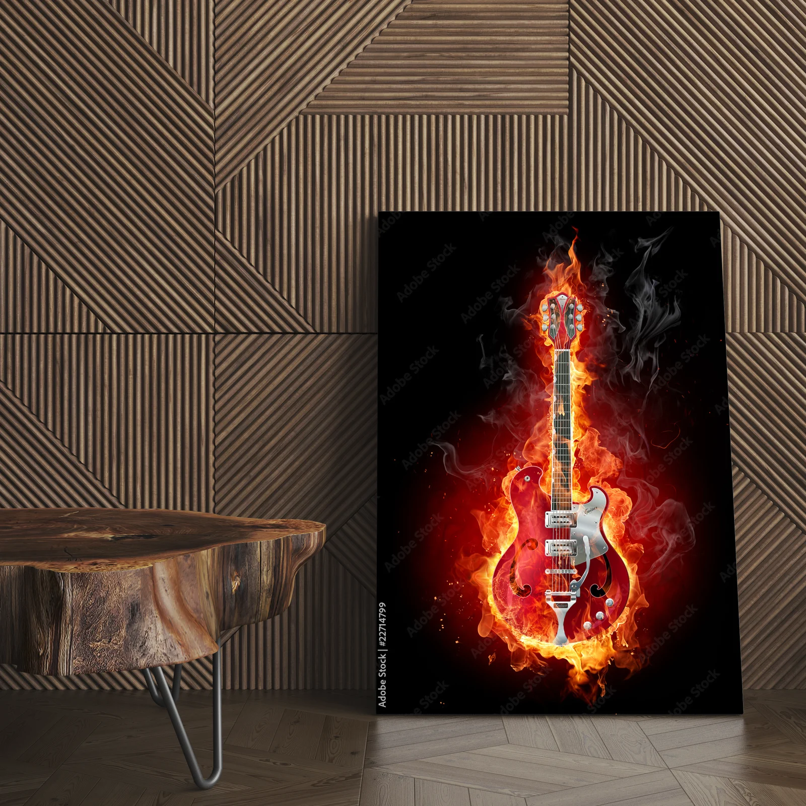 Płonąca gitara w intensywnych odcieniach