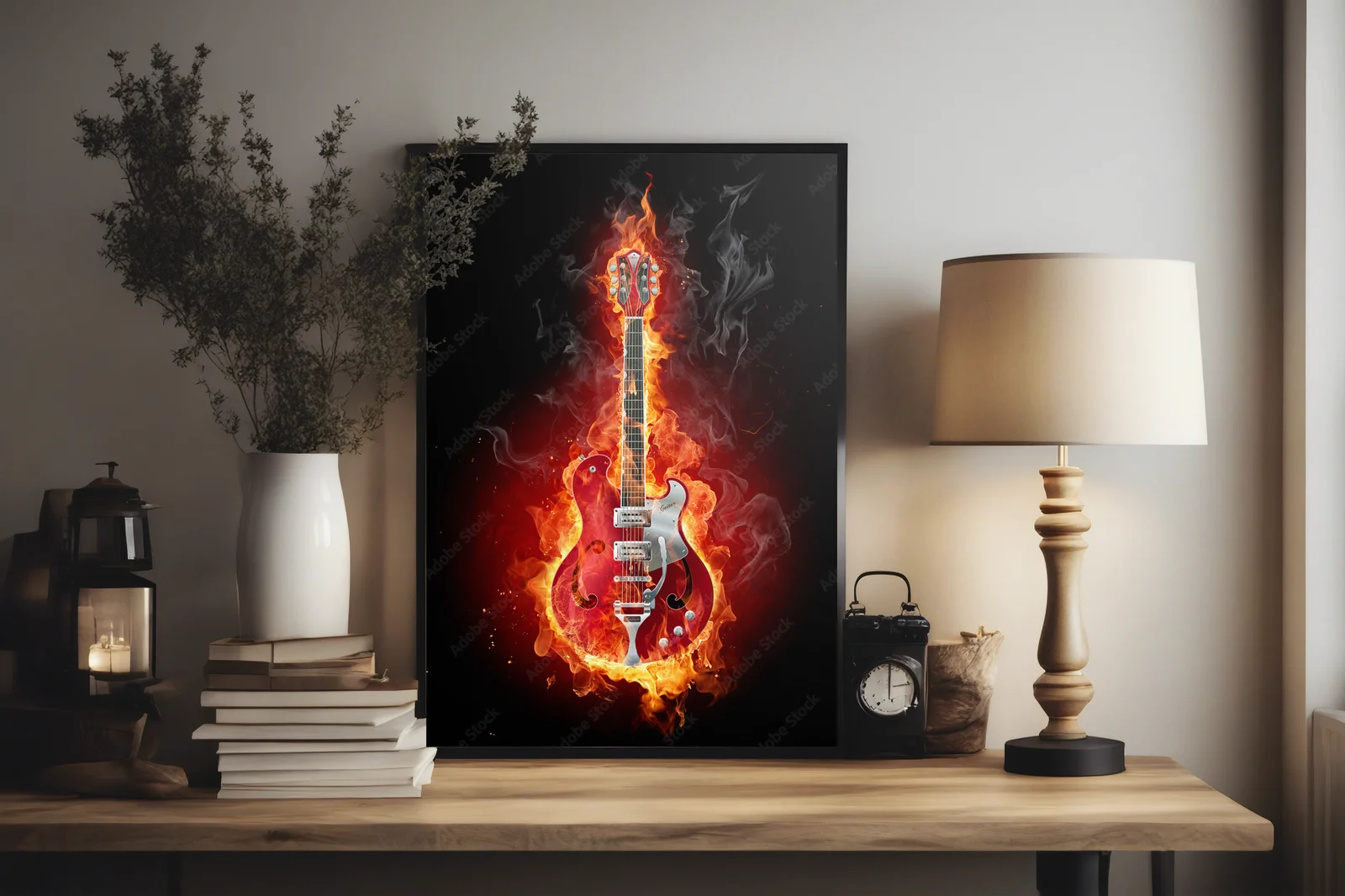 Płonąca gitara w intensywnych odcieniach