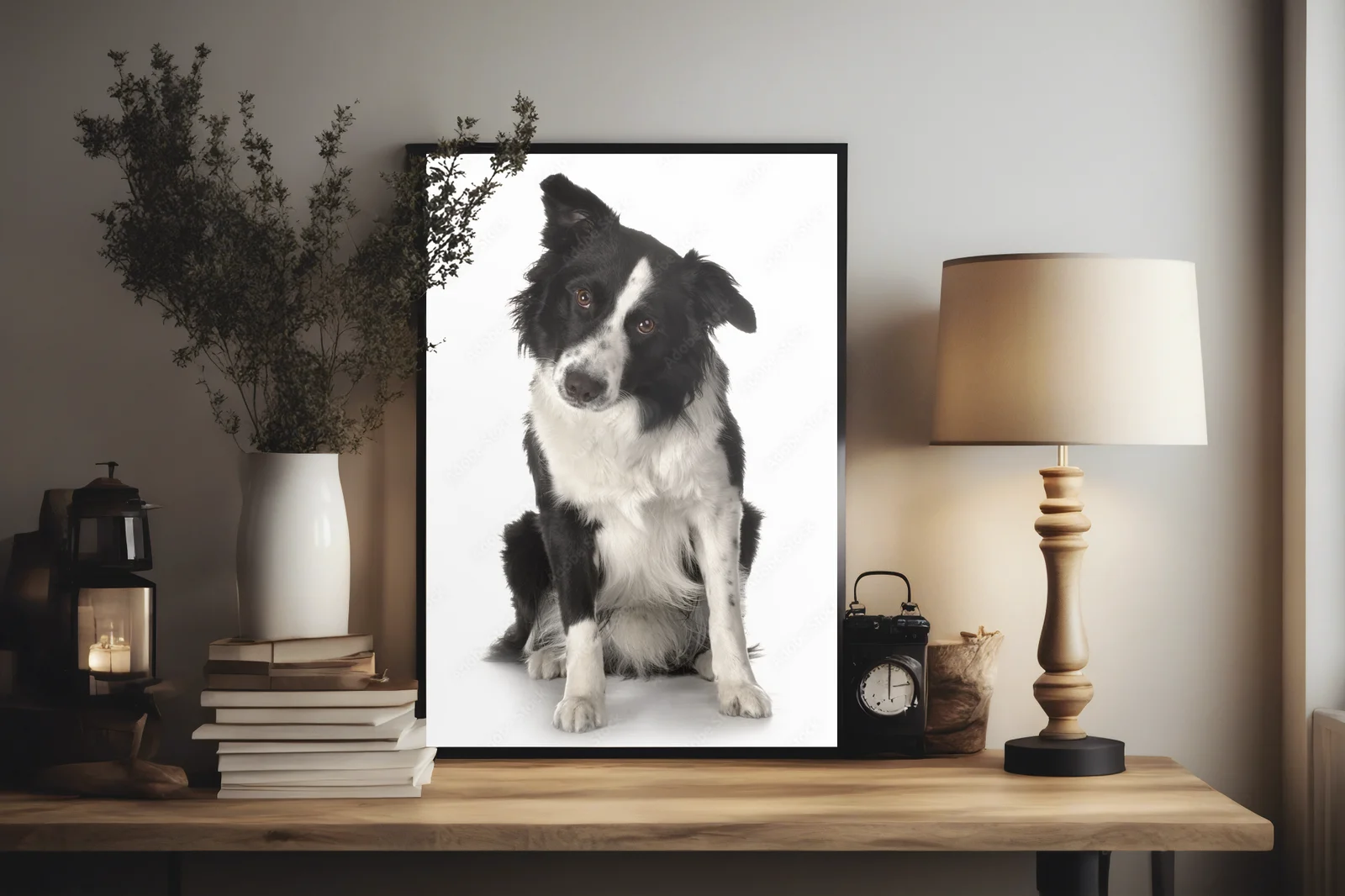 Słodkie spojrzenie border collie w białych tonach