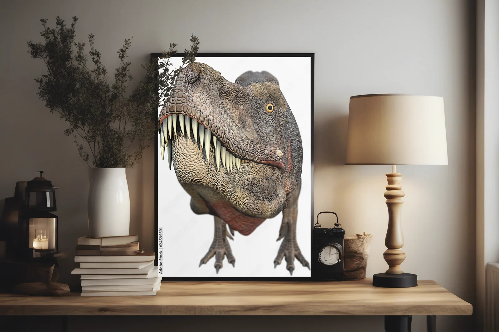 Gigantyczny T-Rex z wielką głową w delikatnych tonach