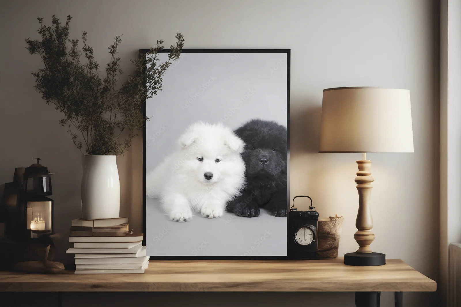 Urocze szczenięta Chow Chow i Samoyed w szarościach