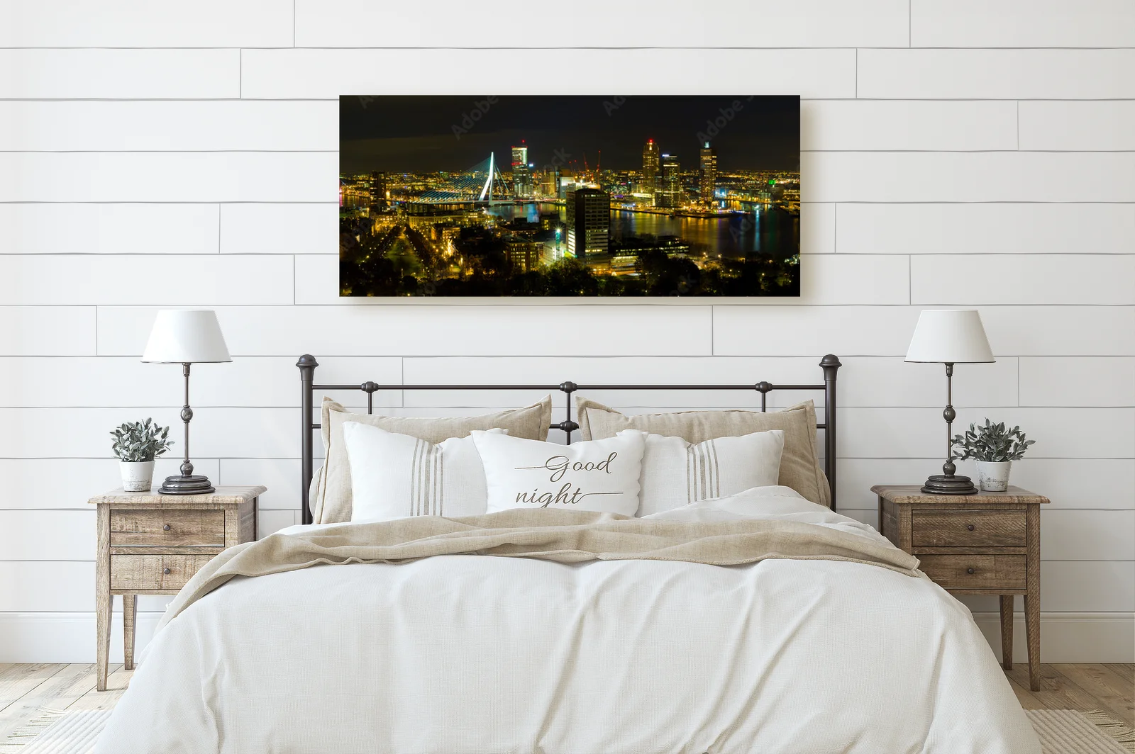 Nocna panorama Rotterdamu w głębokich odcieniach