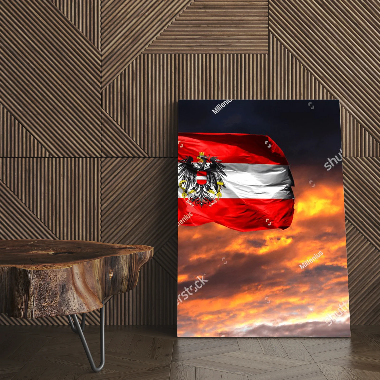 Flaga Austrii unosząca się w kolorowym zachodzie