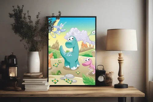 Wesoła rodzina dinozaurów w pastelowym krajobrazie